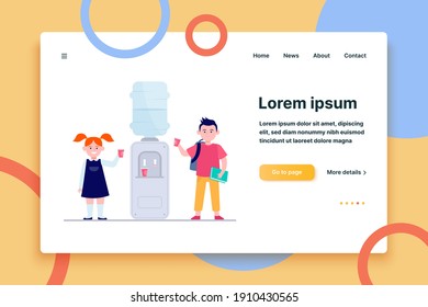 Happy children drinking water at cooler. Students, boy and girl, school hallway flat vector illustration. Beverage, refreshment, watercooler concept for banner, website design or landing web page