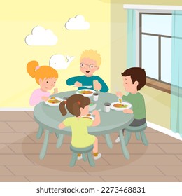 Niños felices comiendo en kindergarten. Dos niñas y dos niños en la mesa. Concepto de nutrición infantil. Ilustración vectorial para banner, afiche, sitio web, volante.