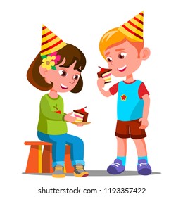 Happy Children Eating A Birthday Cake Vector. Isolated Illustration