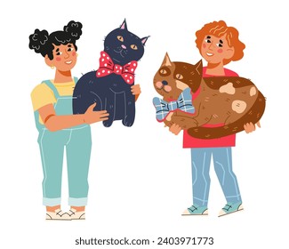 Niños felices abrazando y pateando a sus gatos, ilustración aislada de vector plano. Los niños aman y cuidan de las mascotas. El concepto de amistad entre gatos y niños.