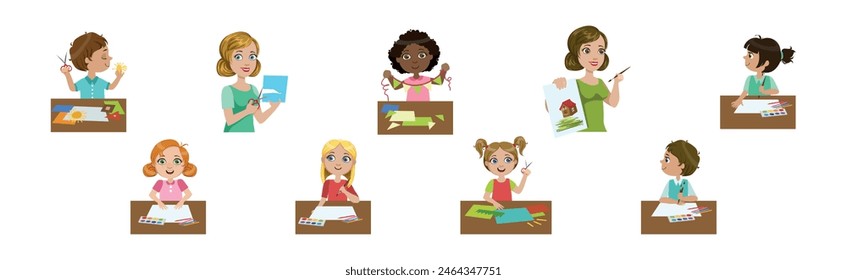 Happy Children Enjoy Craft and Artistic Hobby Vector Set