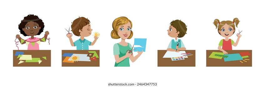 Happy Children Enjoy Craft and Artistic Hobby Vector Set