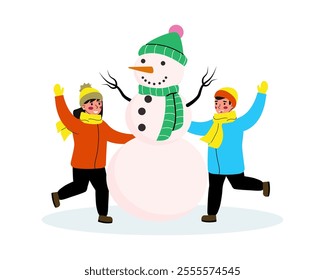 Happy children enjoy winter holidays. Boy girl making a snowman. Vector illustration in flat style on a white background.