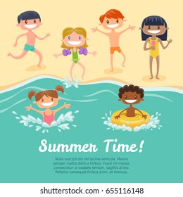 Happy children enjoying at the beach background template. Summer holidays concept. Funny cartoon vector illustration.