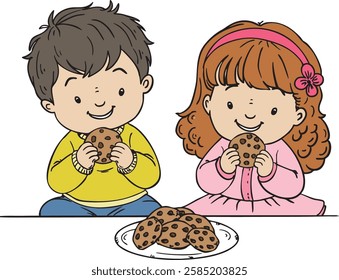 Happy Children Enjoying Chocolate Chip Cookies - Cute Snack Time Illustration