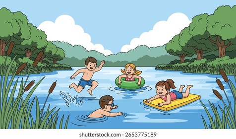 Happy children enjoying summer fun swimming and playing in a lake
