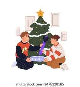 Happy children exchange gifts together. Cheerful kids sit near Christmas tree, presents Xmas giftboxes. Friends give surprises. Family winter holiday. Flat isolated vector illustration on white