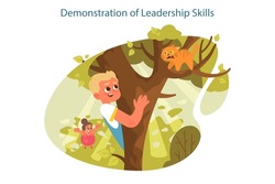 Happy Children Exploring Nature On Summer Holidays. Demonstration Of Leadership Skills As A Benefit Of Active Outside Leisure. Boy And Girl Saving A Cat From A Tree. Flat Vector Illustration