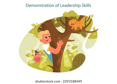 Happy children exploring nature on summer holidays. Demonstration of leadership skills as a benefit of active outside leisure. Boy and girl saving a cat from a tree. Flat vector illustration