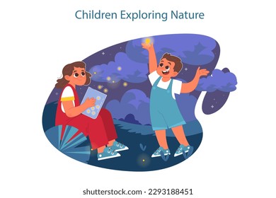 Happy children exploring nature on summer holidays. as a benefit of active outside leisure for physical and mental health. Boy and girl having fun outdoors. Flat vector illustration