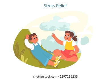 Happy children exploring nature on summer holidays. Stress relief as a benefit of active outside leisure for physical and mental health. Boy and girl having fun outdoors. Flat vector illustration