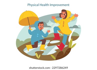 Happy children exploring nature on summer holidays. Active outside leisure benefits physical and mental health. Boy and girl having fun outdoors in the rain puddles. Flat vector illustration