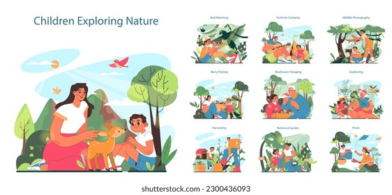 Happy children exploring nature on summer holidays. Kids with family on a picnic or a camping. Gardening and harvesting, studying plants, birds and animals. Flat vector illustration