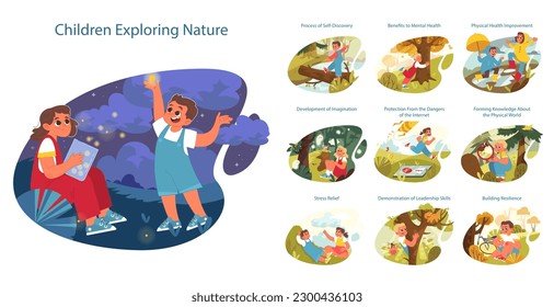 Happy children exploring nature on summer holidays set. Benefits of active outside leisure for kids physical and mental health. Boy and girl having fun outdoors. Flat vector illustration