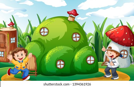 Happy children at fantasy house illustration