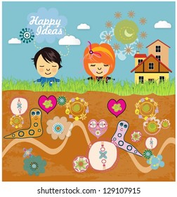 Happy children with fantasy landscape background. Vector