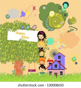 Happy children with fantasy landscape background. Vector