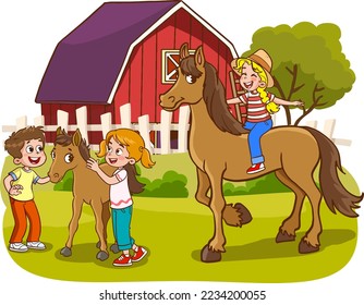 happy children and farm animals horse cartoon vector