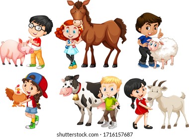 Happy children with farm animals on white background illustration
