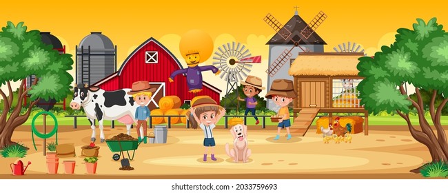 Happy children at the farm scene illustration