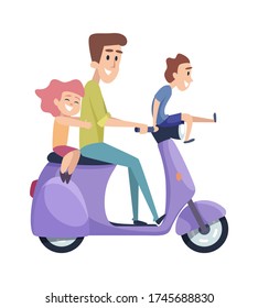 Happy children with father. Family weekend, man and kids on motorbike. Isolated cartoon cute boy girl riding on scooter vector illustration