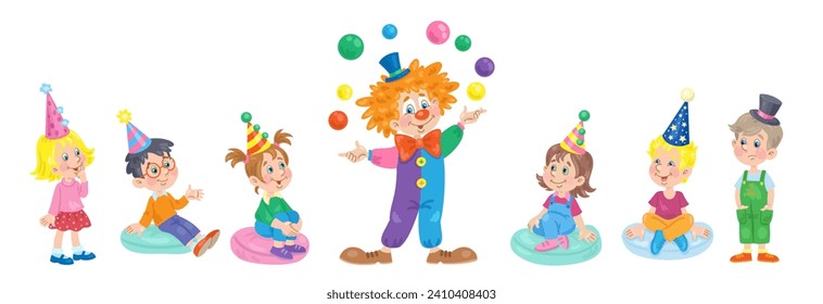 Happy children in festive caps watch the performance of a funny clown. In cartoon style. Isolated on white background. Vector flat illustration.