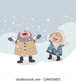 Happy children. The first snow. Vector illustration.