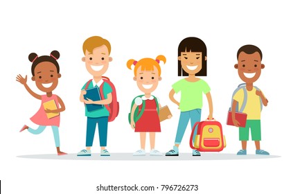 Happy children flat web infographic character concept vector icon set. Kids studding, going to school with backpack and books. Playing jumping and education. Parenting knowledge people collection.