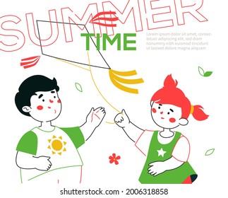 Happy children flying a kite - colorful line design style banner with cartoon characters. Colorful picture with cheerful kids, girl and boy having fun outdoors. Summer time and leisure activities idea