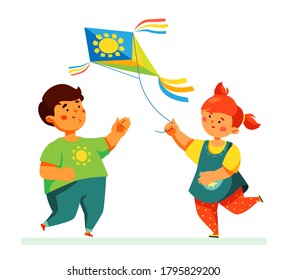 Happy children flying a kite - flat design style illustration with cartoon characters. Colorful composition with cheerful kids, girl and boy having fun outdoors. Childhood and leisure activities idea