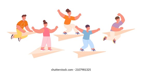 Happy children flying on paper planes. Kids competition or joyful play. Isolated girls and boys groups, little team leader fly to success, vector concept