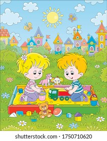 Niños felices amistosos sonriendo, romiando y jugando con sus divertidos juguetes coloridos en una caja de arena en un patio de recreo en un verde parque de verano de un bonito pueblo en un cálido día soleado, dibujos vectoriales