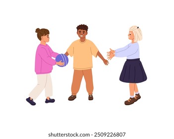 Crianças e amigos felizes se divertem juntos. Crianças brincam, passam lazer, passatempo com jogos, brinquedos. Meninos e meninas bonitos jogam e pegam bola nas mãos. Ilustração de vetor isolado plano sobre fundo branco