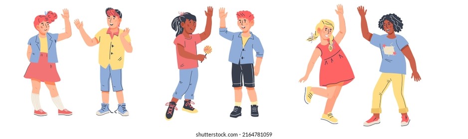 Happy children friends of school age, flat vector illustration isolated on white background. Kids greeting each other giving high five.