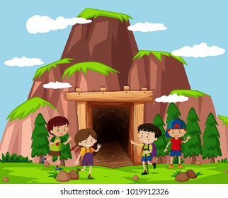 Happy children in front of cave illustration