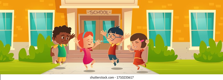 Happy children in front of school building. Back to school or holidays. Vector cartoon illustration of jumping group of kids, white girl, asian and black boys have fun