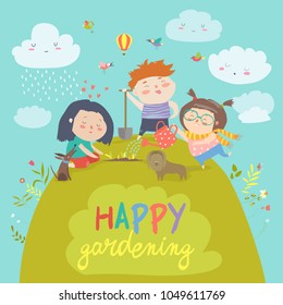 Happy children gardening