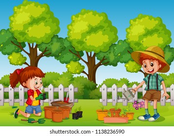 Happy Children Gardening in the Park illustration