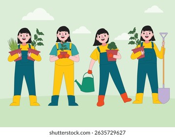 Happy children gardening with potted vegetables, wearing colorful outfits. Flat style with tools like watering can and shovel. Ideal for farming, nature, and environment design themes.