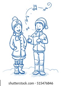 Happy children, girl and boy singing a christmas song. Hand drawn cartoon doodle vector illustration.