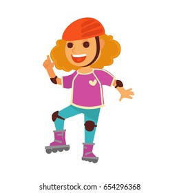 Happy children girl skating on roller skates playing outdoor vector games