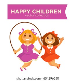Happy children girls jumping jump rope playing outdoor games vector icons