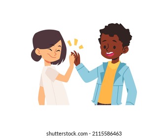 Happy children give each other high five, flat vector illustration isolated on white background. Cute cartoon characters of kids boy and girl. Friends clapping their hands.