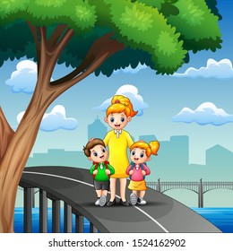 Happy children go to school with their mom