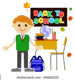Happy children going back to school after summer holiday. Vector clip art.