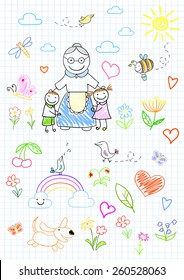 Happy children with grandmother. Sketch on notebook page