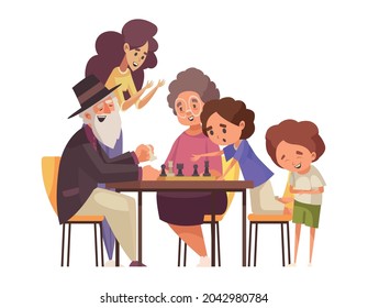 Happy children and grandparents playing chess cartoon vector illustration