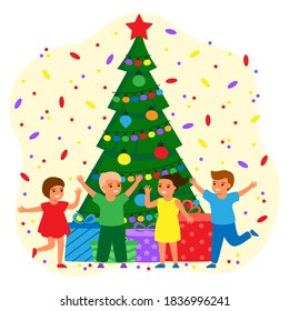 Happy children and green fir tree at home with balls and lightbulbs. Boys and girls are waiting for holiday with gifts. Christmas and New Years holiday. Vector