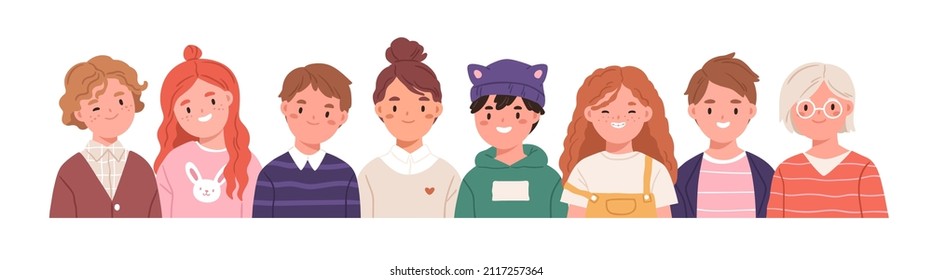 Happy children group portrait. Elementary school kids in row. Cute smiling boys and girls. Young little students friends. Primary schoolkids. Flat vector illustration isolated on white background