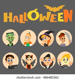 Happy children Halloween avatar costume collection and crow.Vector illustration of a flat design.